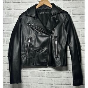 ZARA Black moto biker zipper jacket faux leather women’s size S punk grunge